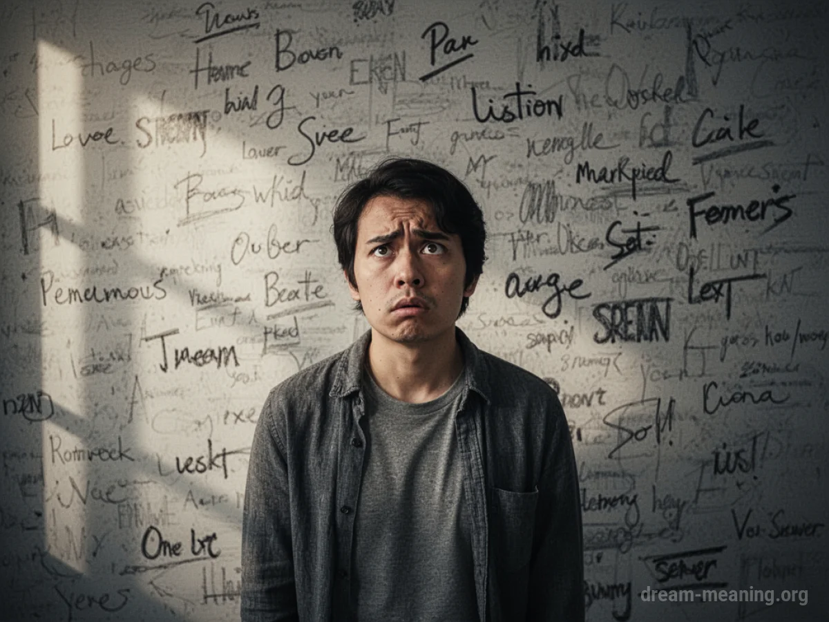 A person facing a wall of unreadable symbols.