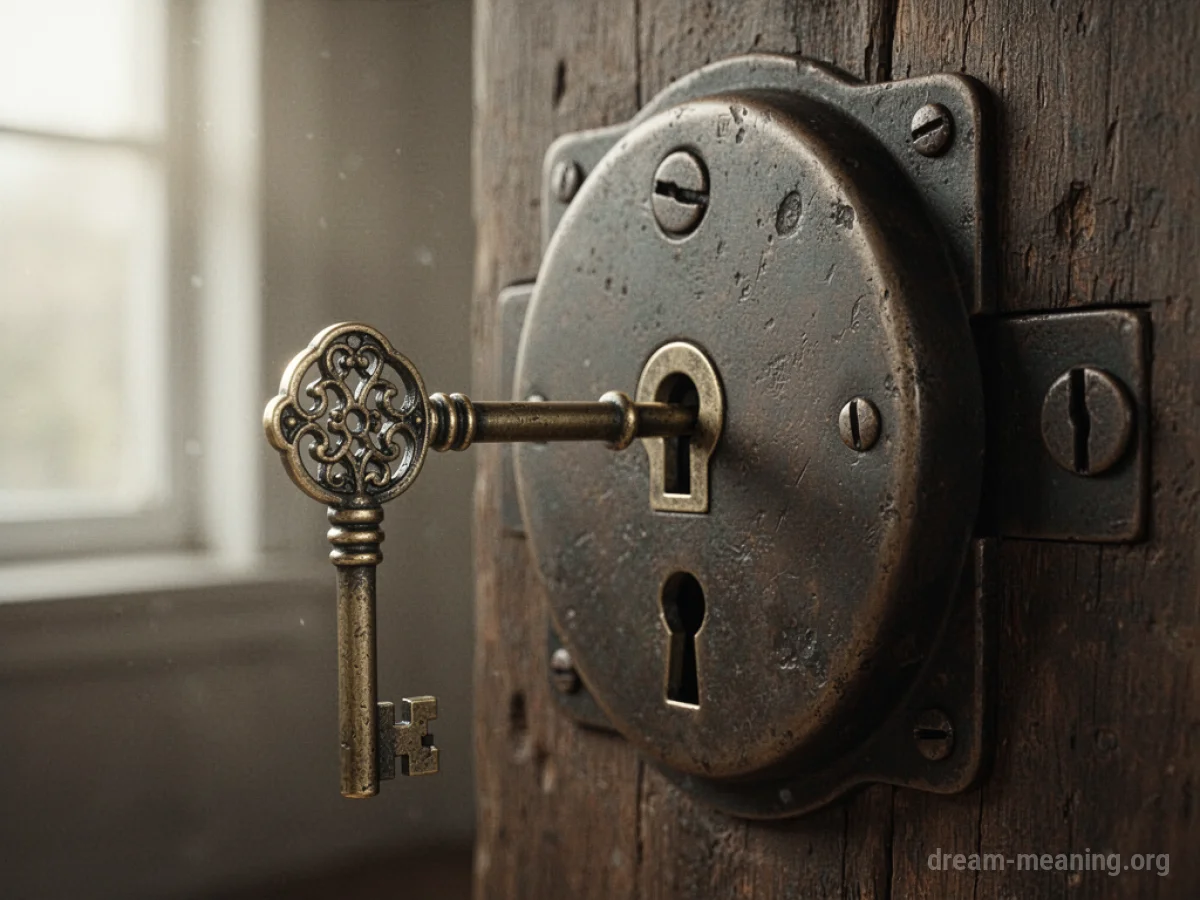 A key is held up to the keyhole of a closed, antique lock.
