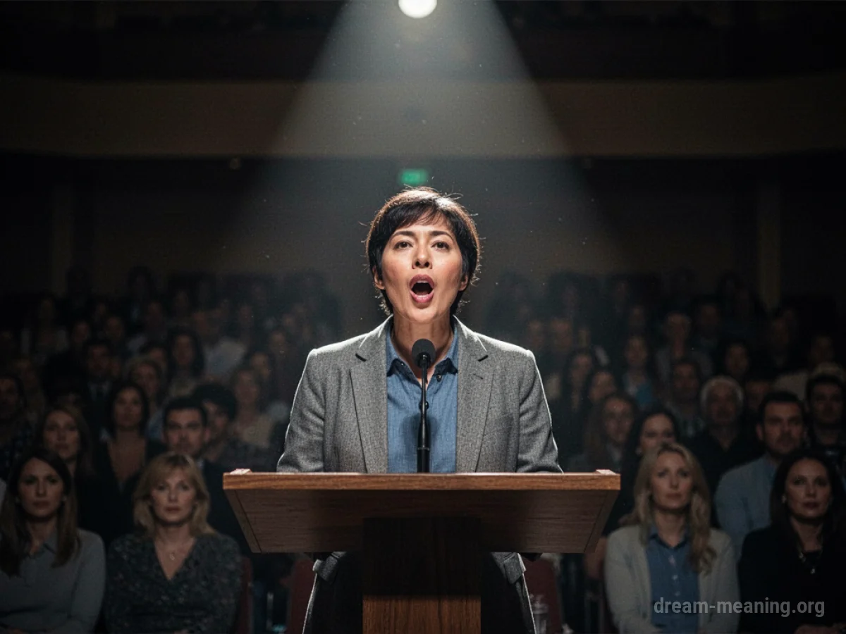 A person standing alone on a stage at a podium with their mouth open.