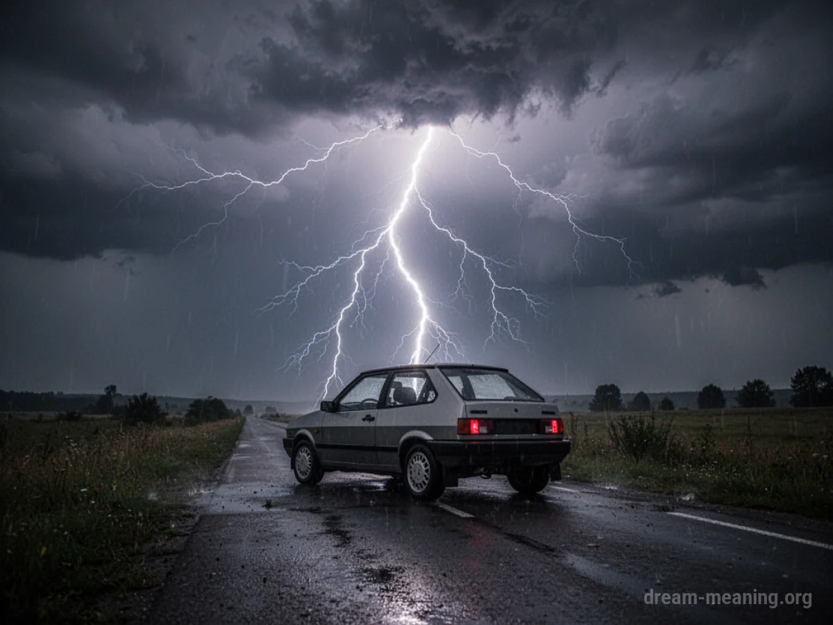 A car on a road during a thunderstorm, with a lightning bolt descending towards it.