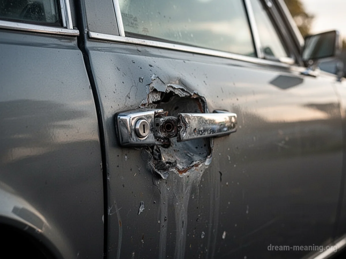 Side view of a car door with a damaged lock.