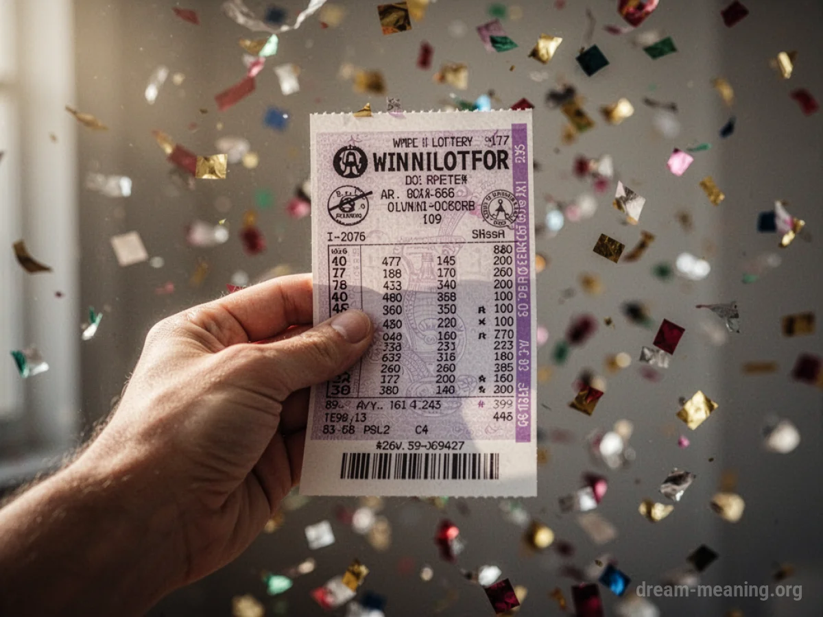 A hand holding a winning lottery ticket with confetti.
