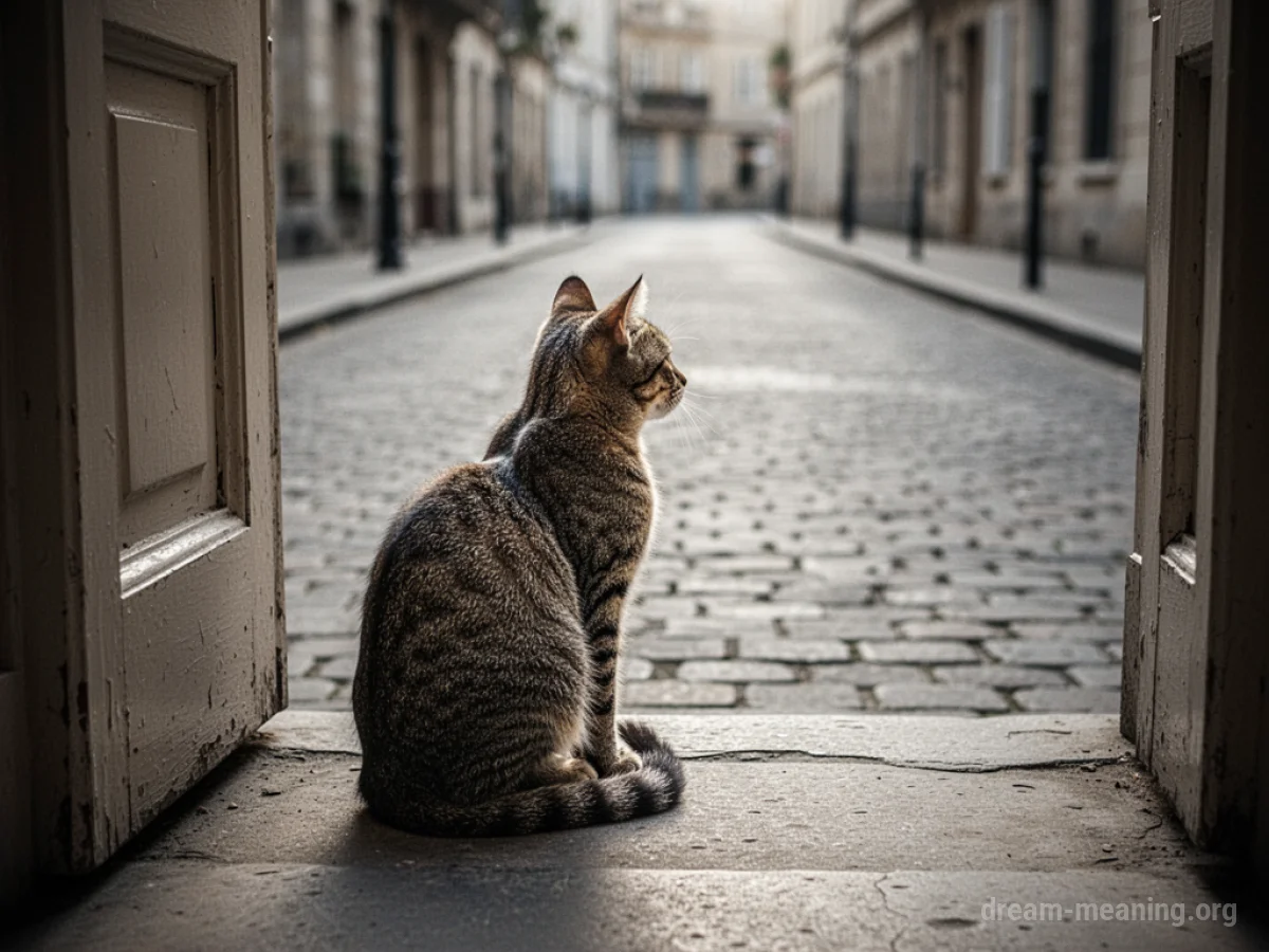 A cat sits by itself on a doorstep facing an empty street.