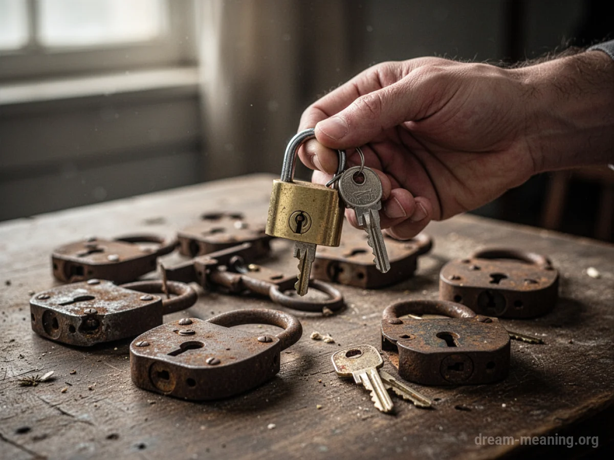 A hand holds a shiny new lock and key, with old locks nearby.