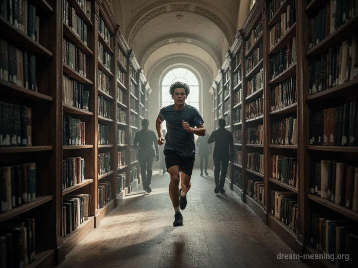 A person running down a long library aisle with blurred figures far behind.