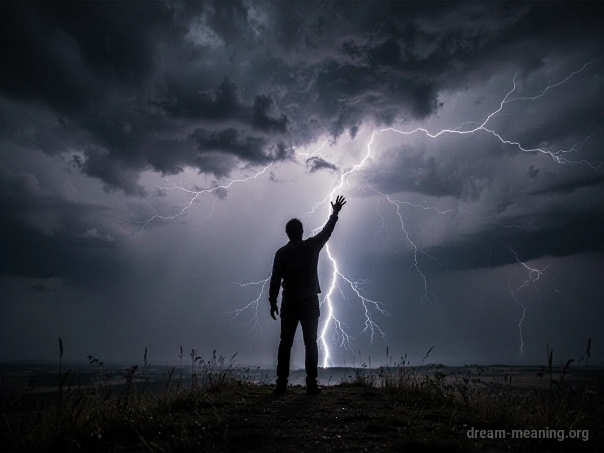 Silhouette of a person reaching for a flash of lightning in a stormy sky.