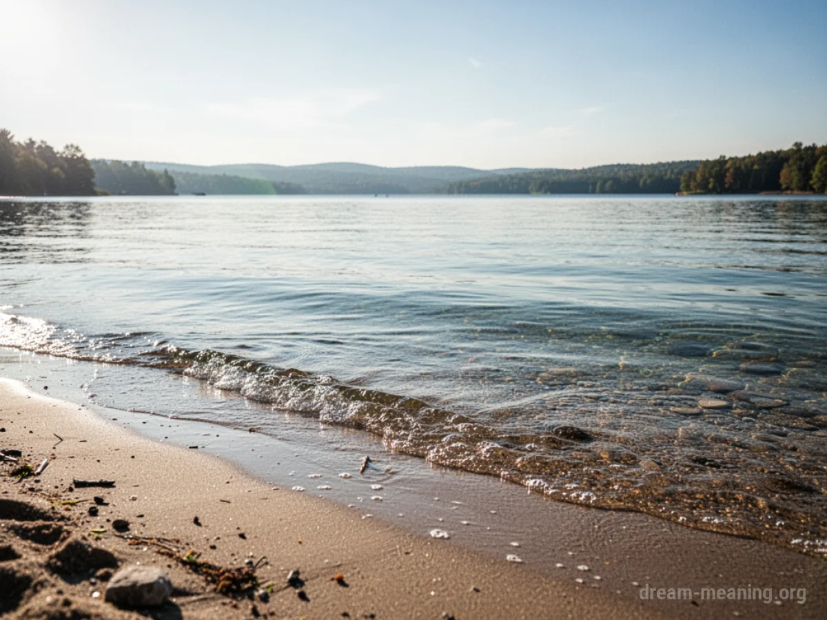 A serene view of a clear lake meeting a sandy shore.