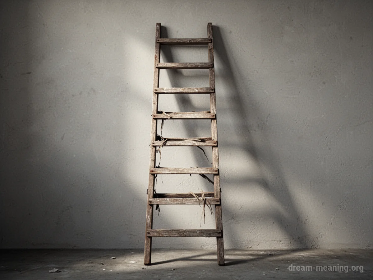 A close-up of a damaged ladder with broken rungs.