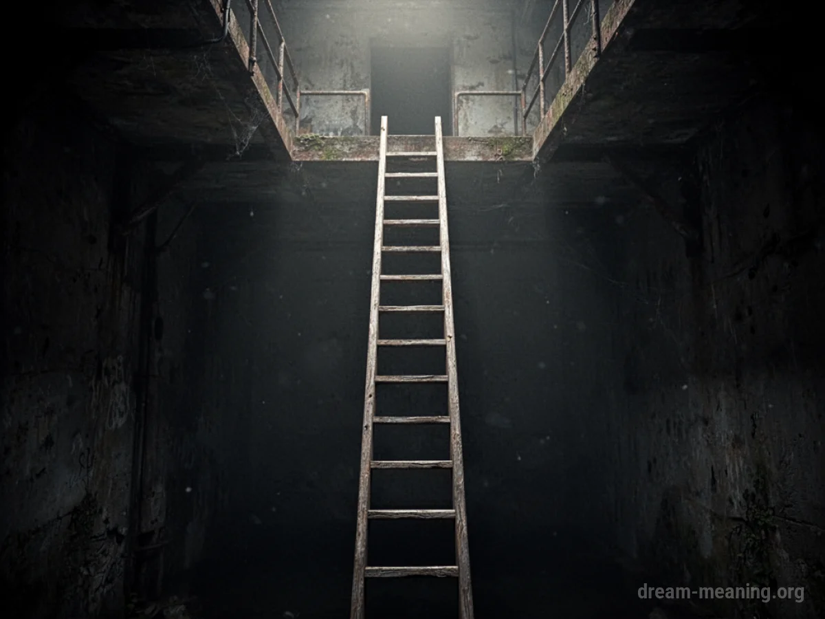 A ladder disappearing into darkness below a platform.
