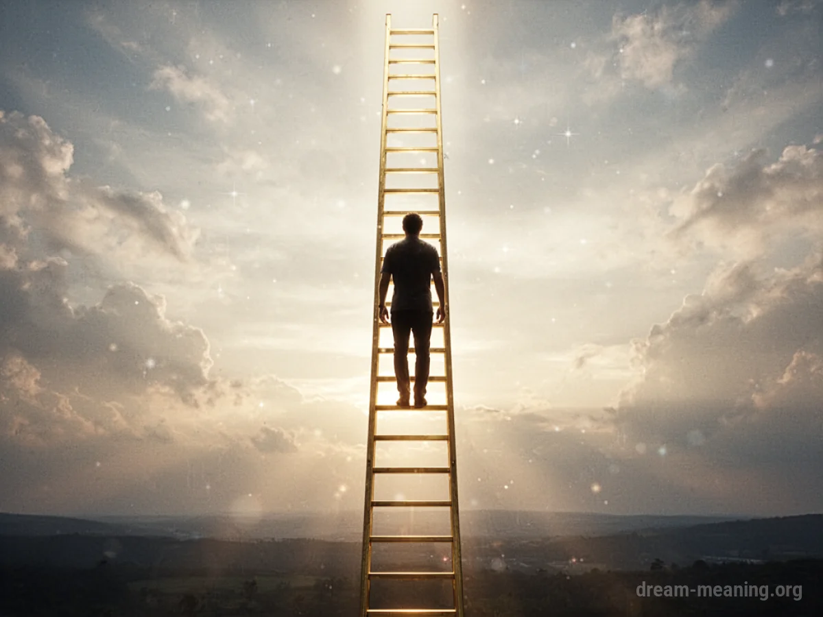 Silhouette of a person climbing a glowing golden ladder towards a bright sky.