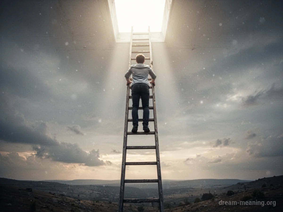 A person climbing a ladder towards a light.