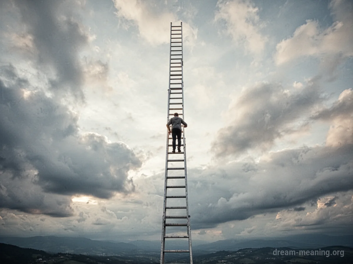 A figure climbing a very tall ladder towards a bright sky.