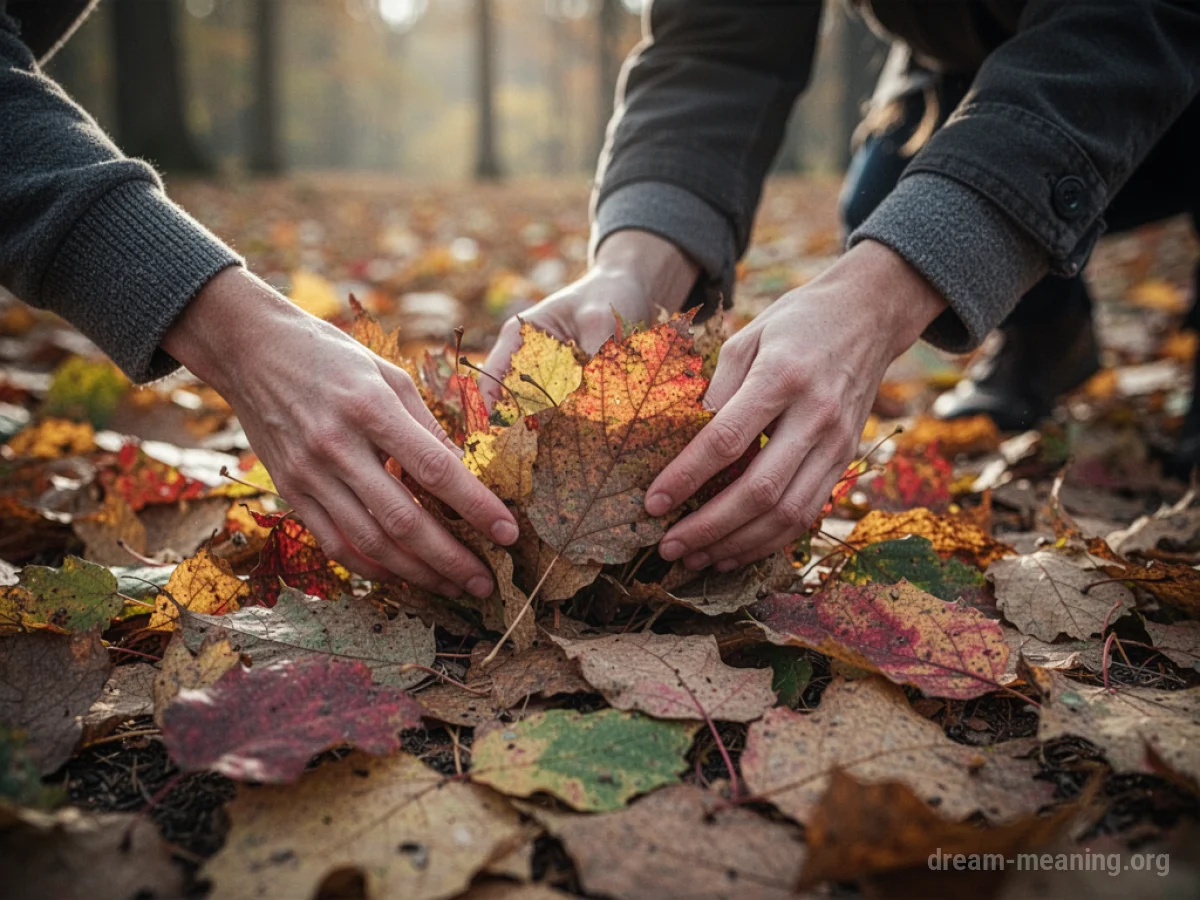 Hands gathering fallen leaves on the ground.