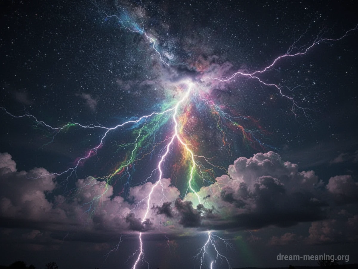 A multi-colored lightning bolt in a dark night sky.