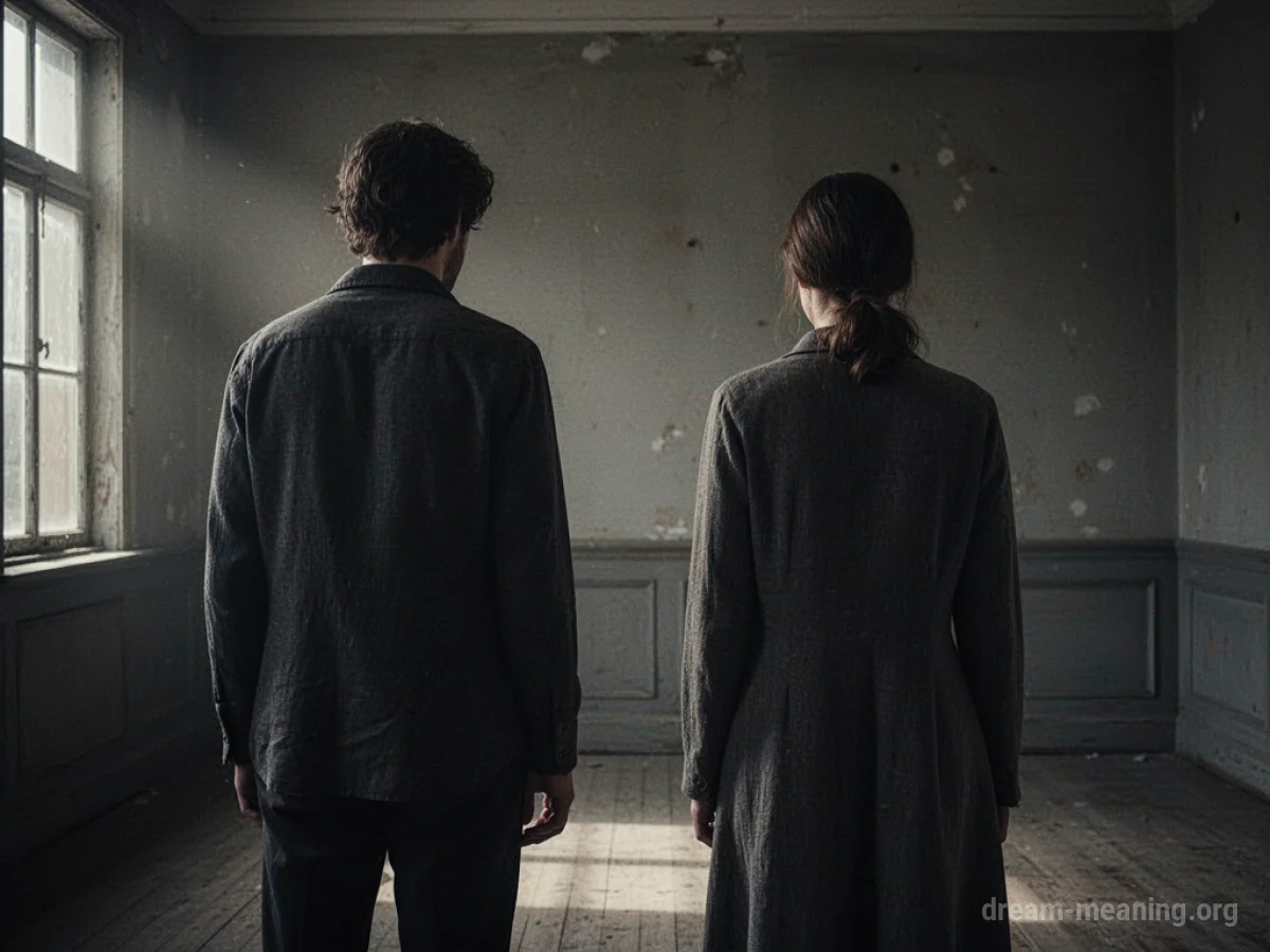 Two silhouetted figures standing in separate areas of a dimly lit room.