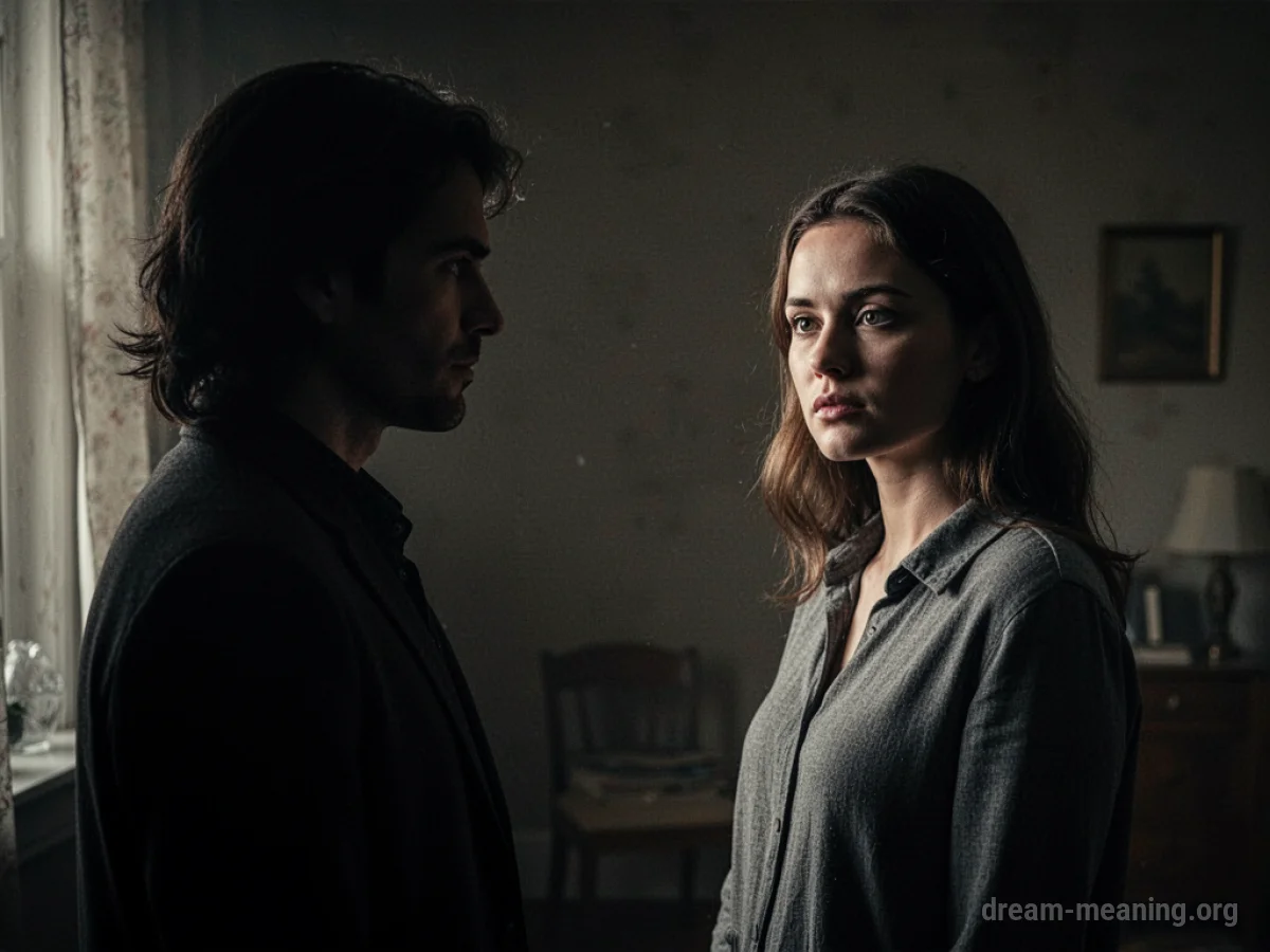 Two figures in a shadowed room, one face hidden, the other visible.