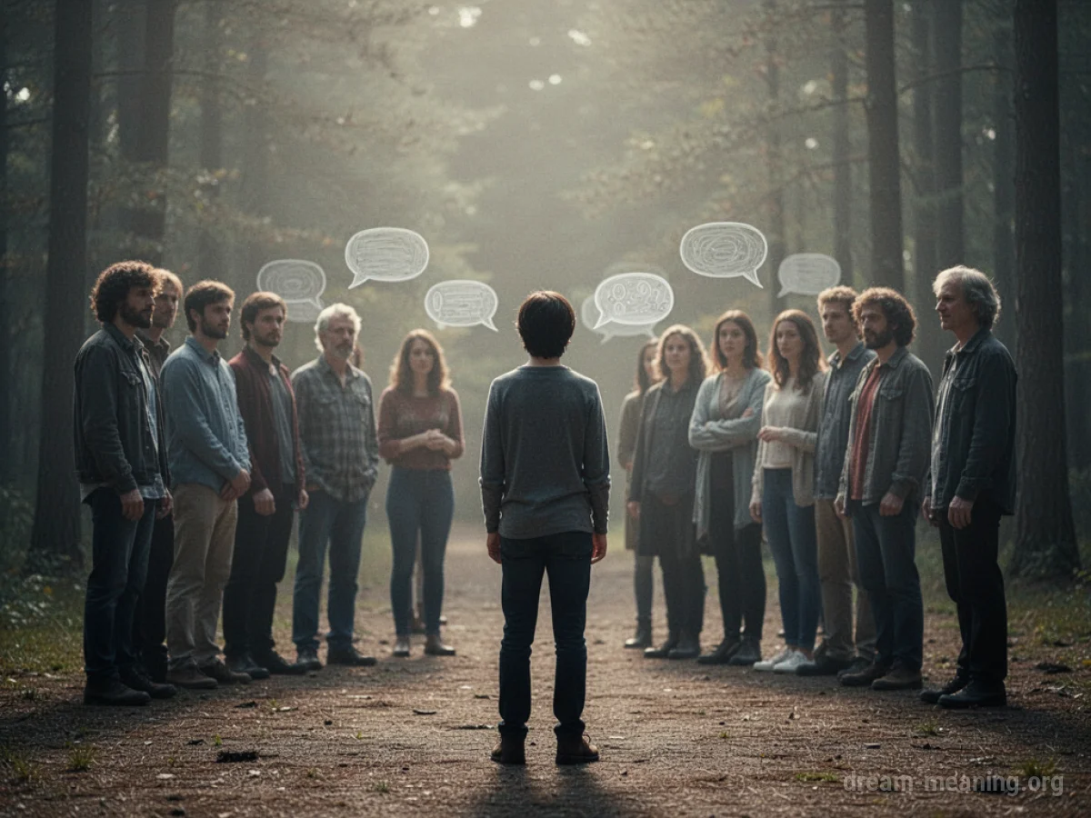 A lone figure separated from a group by a visual gap, with indistinct sounds suggested between them.