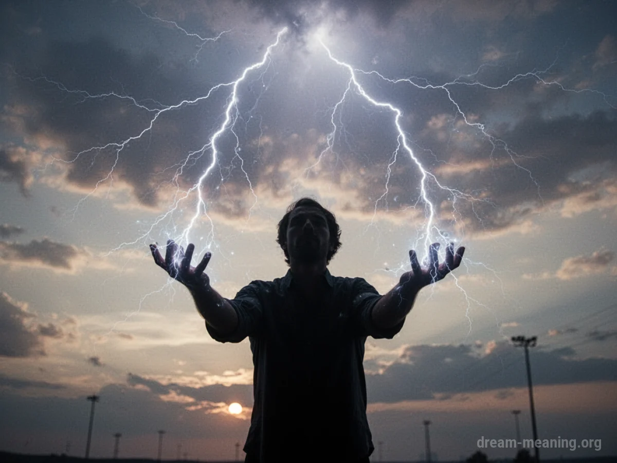 Silhouette of a person directing lightning bolts with their hand.