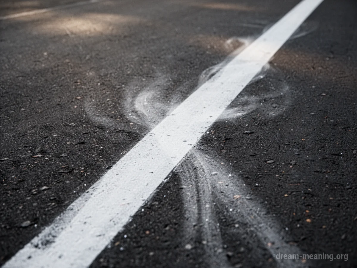 A white line on a dark surface with one side smudged.