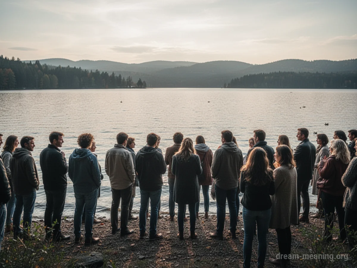 A dense gathering of people on a sandy lake shore.