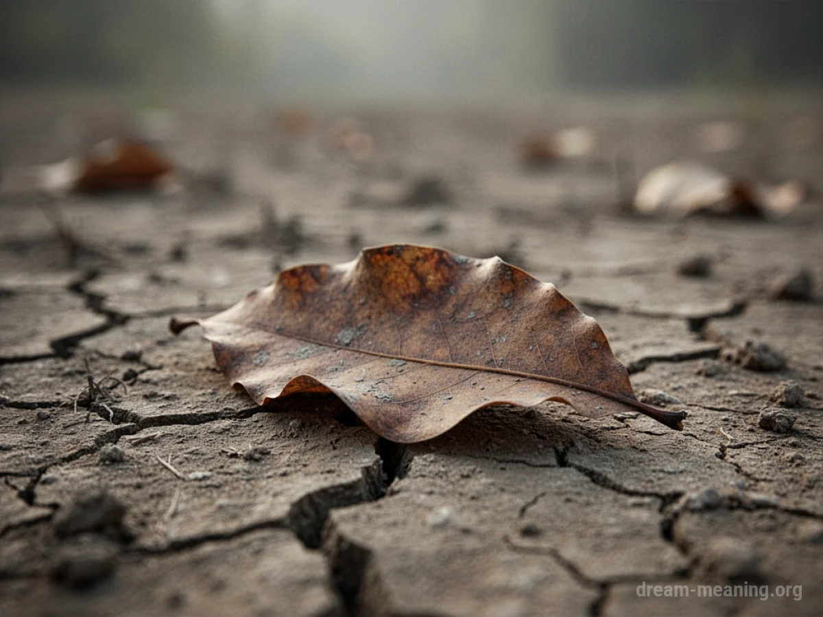 A single brown, brittle leaf resting on dry, cracked ground.