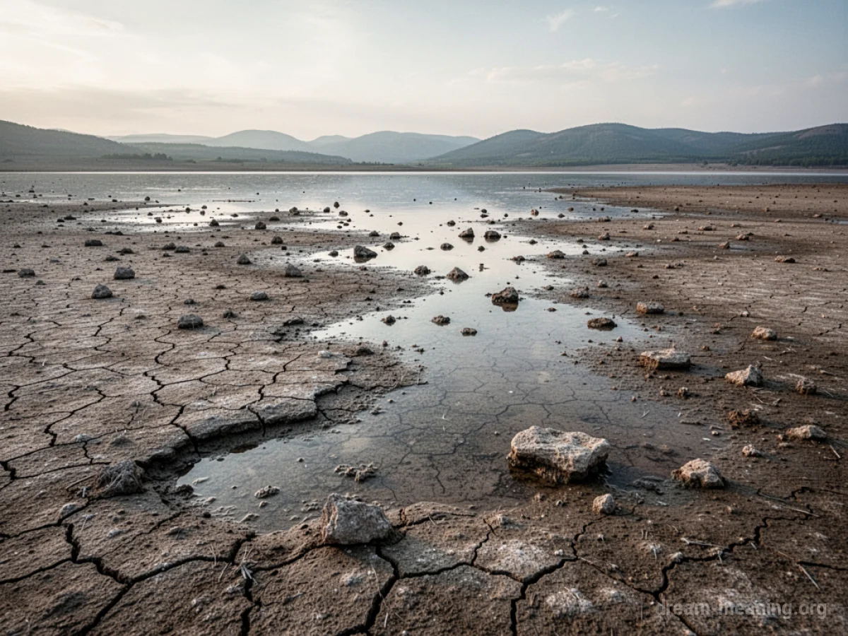 A dry, cracked lake bed with debris along the former shoreline.