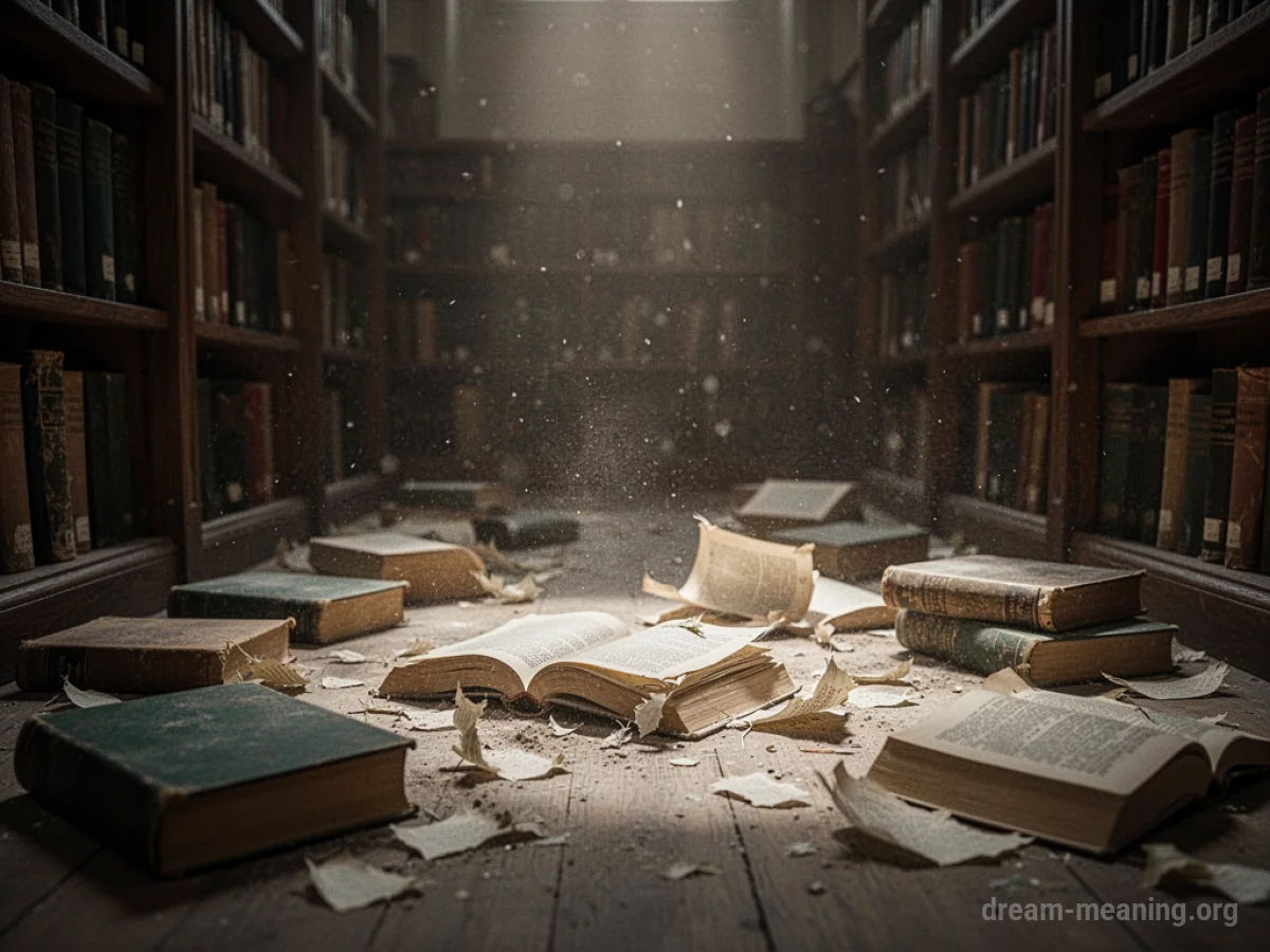 Torn books lying on the floor of a library.