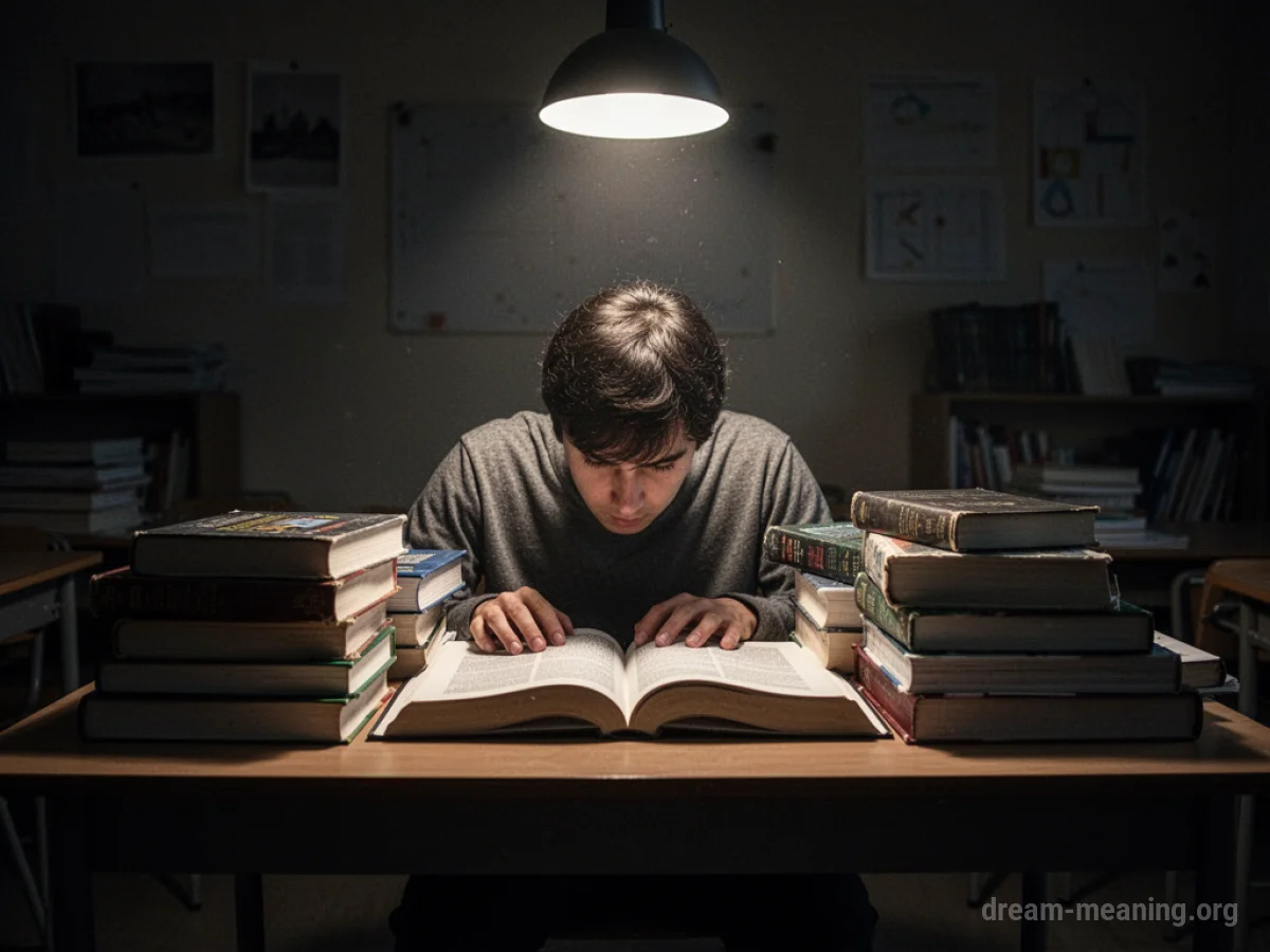 A person studying alone at a desk with many books.