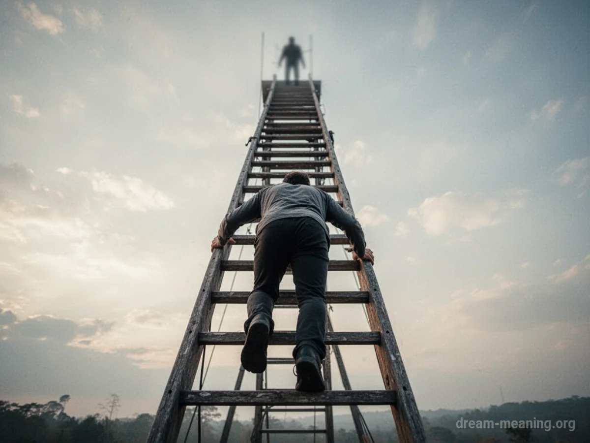Silhouette of a figure straining to climb a tall ladder.