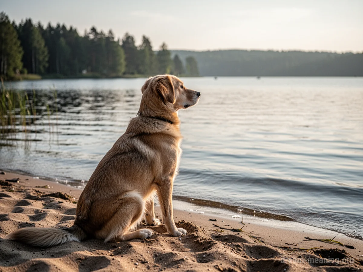 A dog rests on the edge of a lake.