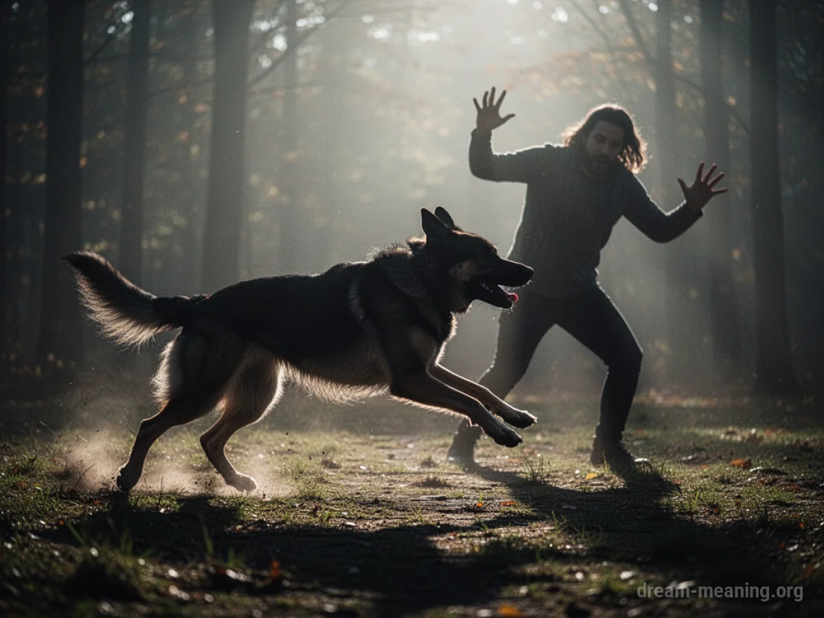Silhouette of a dog lunging towards a person's silhouette.