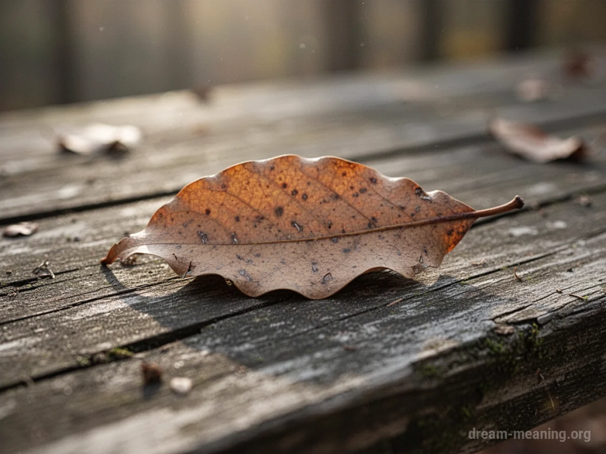 A solitary dry leaf on a textured wooden surface.