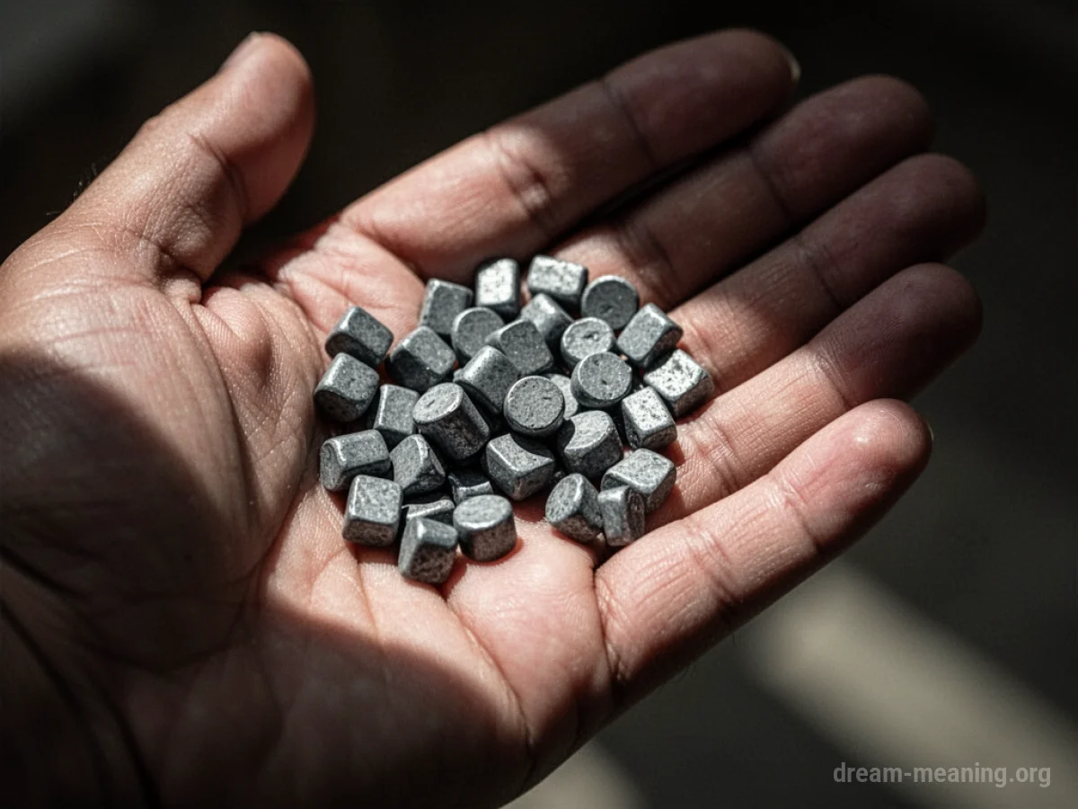 A hand holding several small, dull grey metallic pieces.