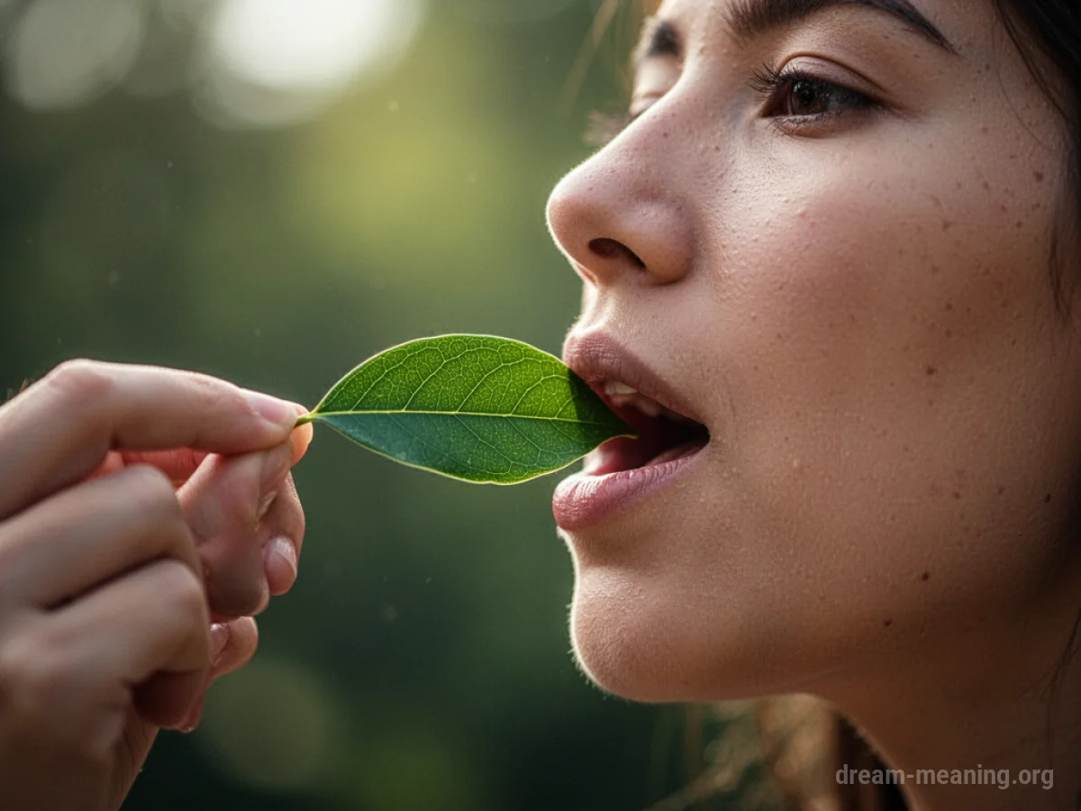 A person's hand holding a green leaf near their mouth.