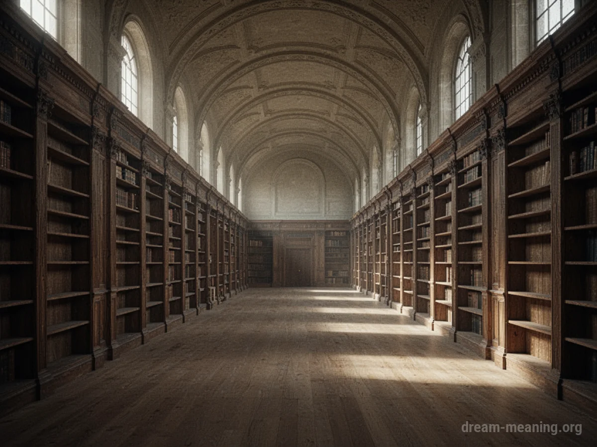 An empty library with rows of vacant bookshelves.