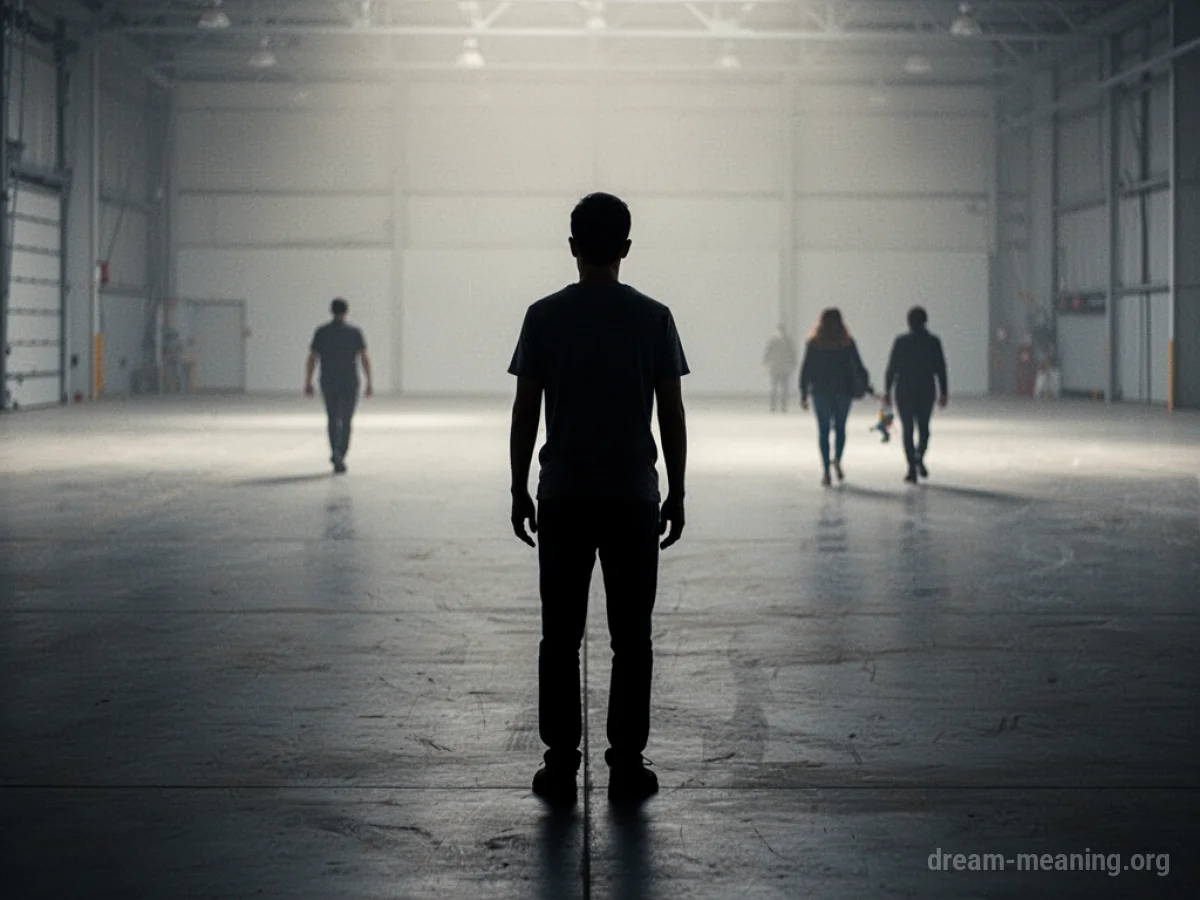 A lone figure facing away from a crowd of indistinct people.