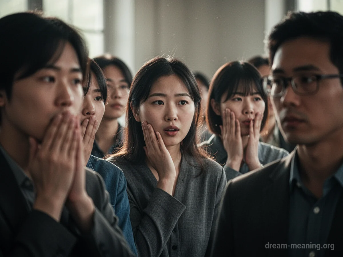 A crowd of indistinct figures with furtive expressions.