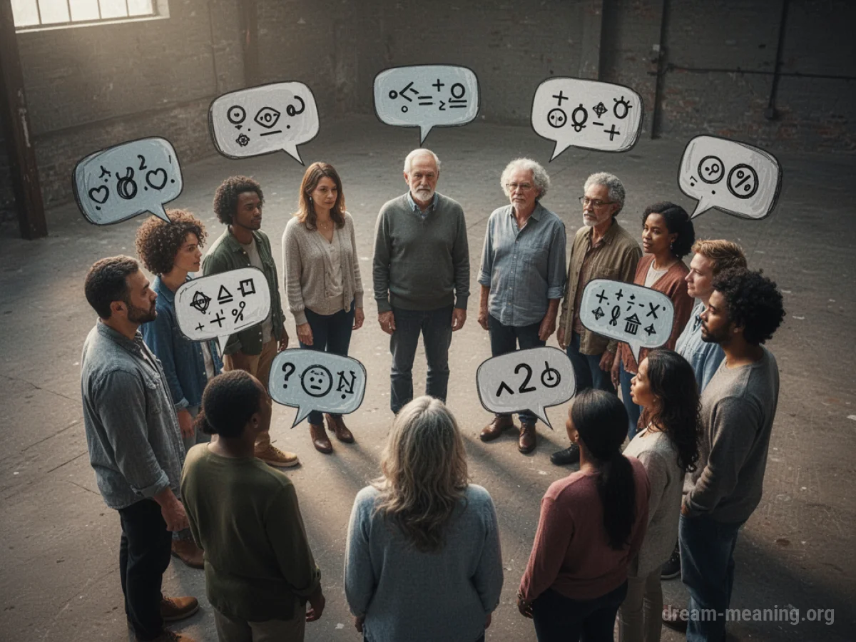 A group of people with unintelligible symbols above their heads.
