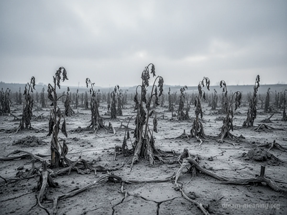 A desolate landscape with withered plants and a grey sky.