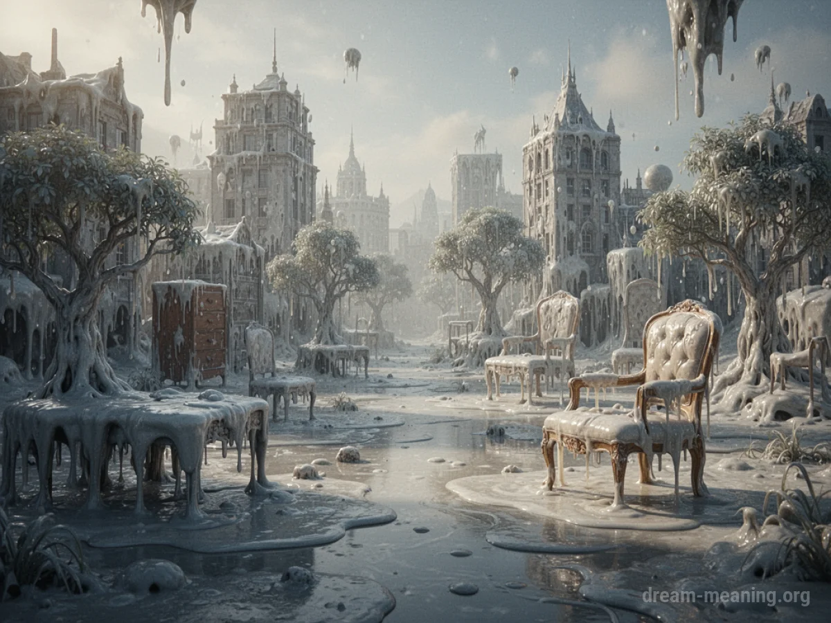 Solid objects dissolving into liquid form in a landscape.