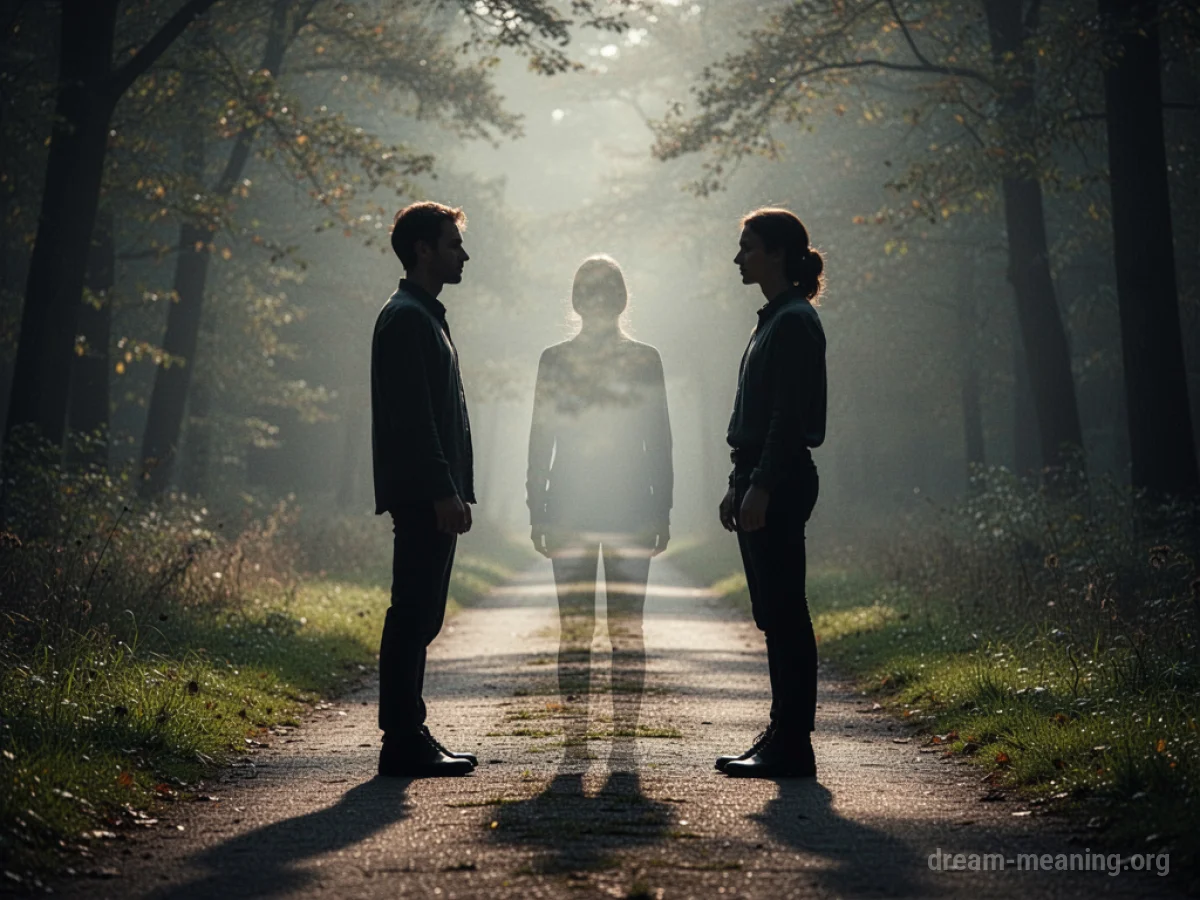 Two figures on a path with a faint third figure between them.