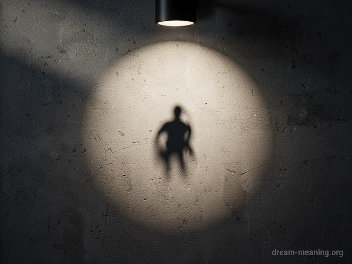 A bright spotlight shines on a faint shadow on a wall.
