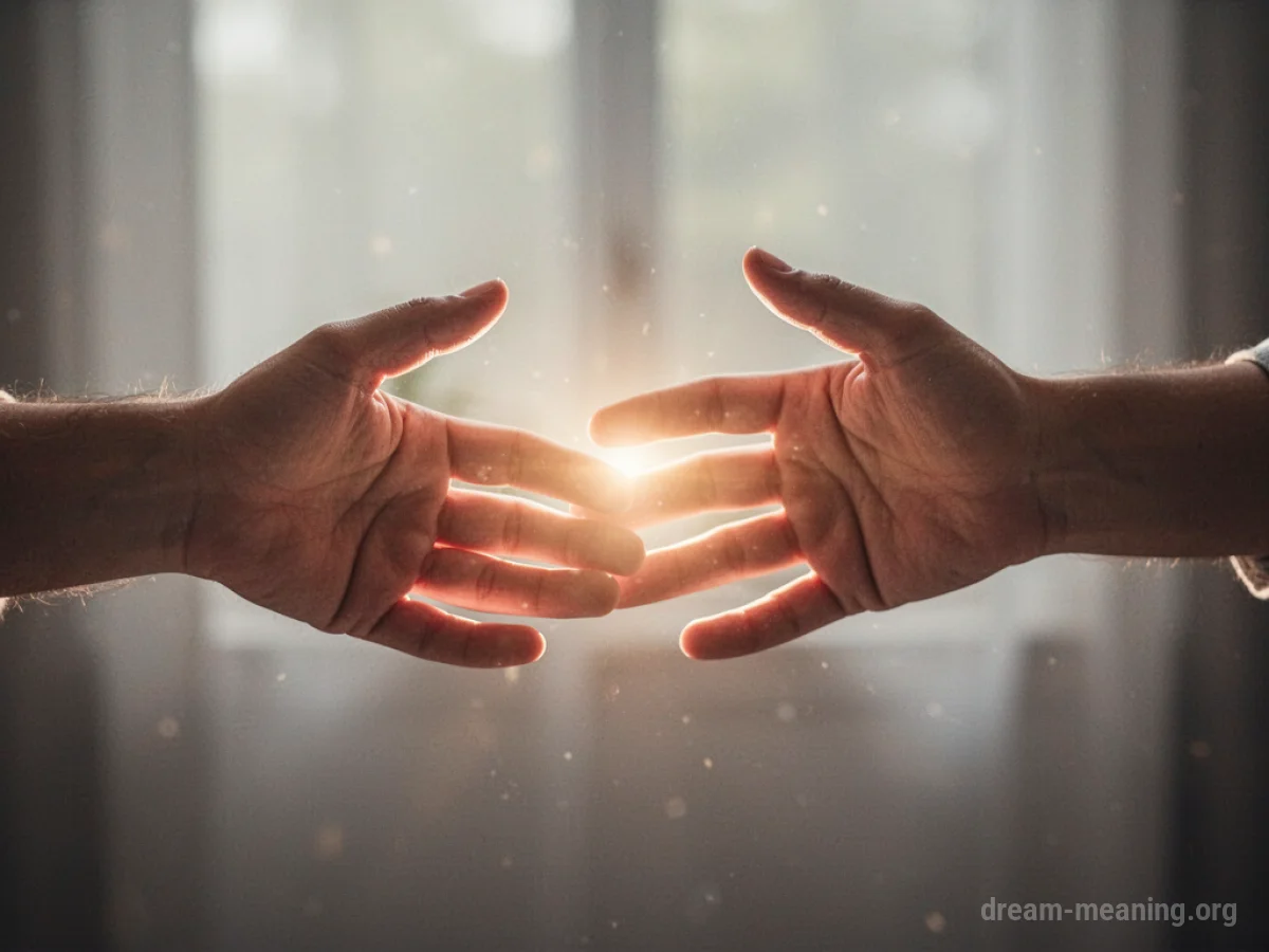 Two hands reaching towards each other, with a soft glow between them.
