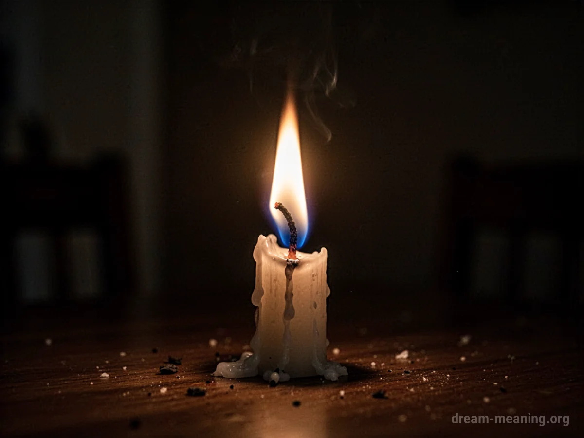 A candle flame flickering in darkness.