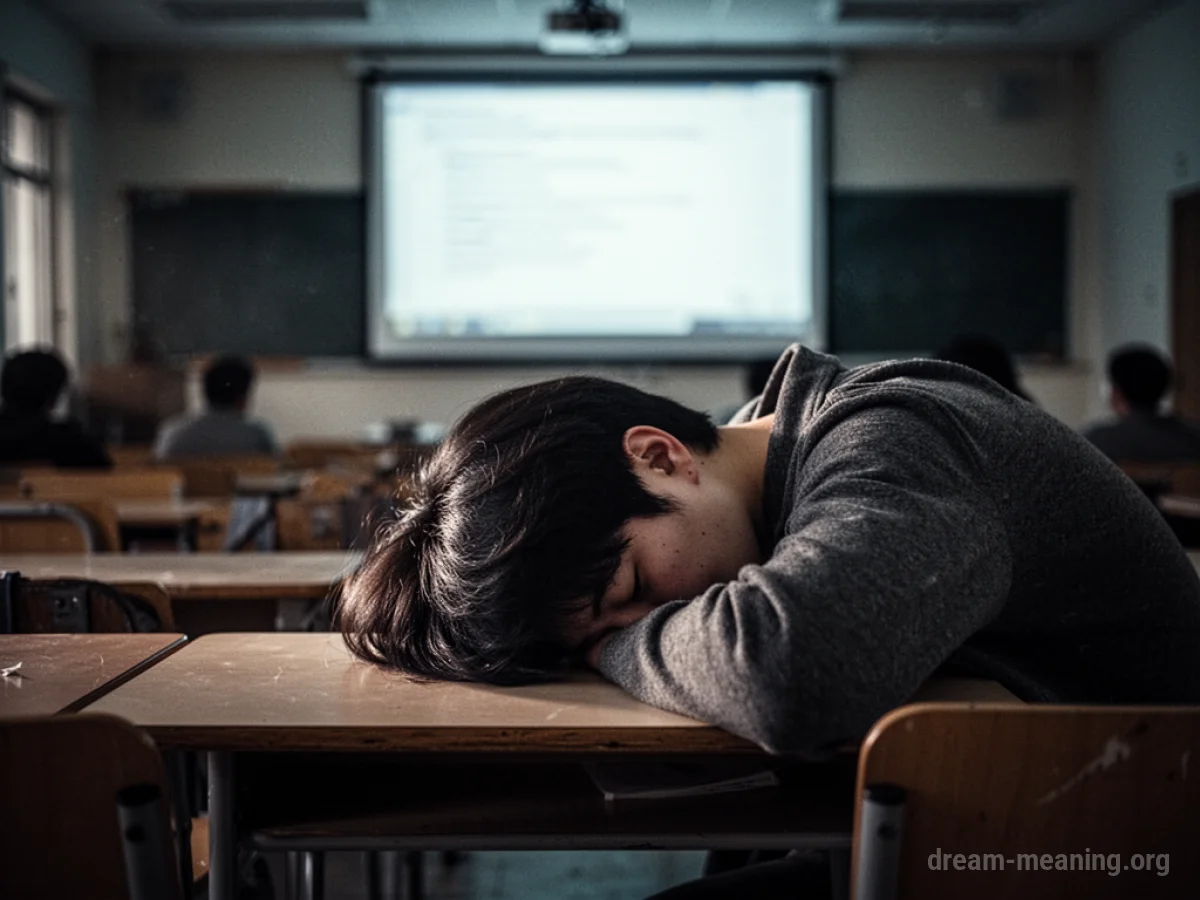 A person's head resting on a desk in a lecture hall.