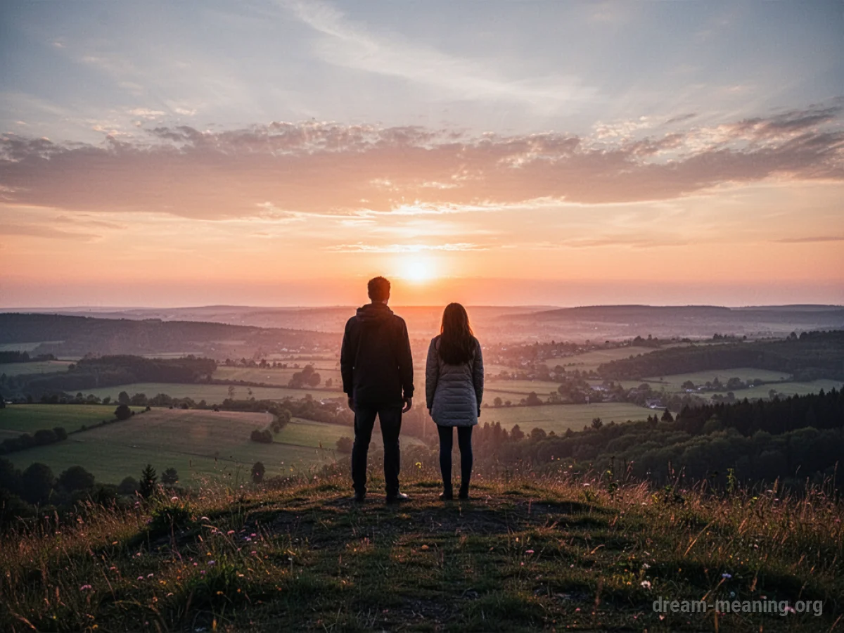 Two silhouetted figures on a hill watching a sunrise over a landscape.