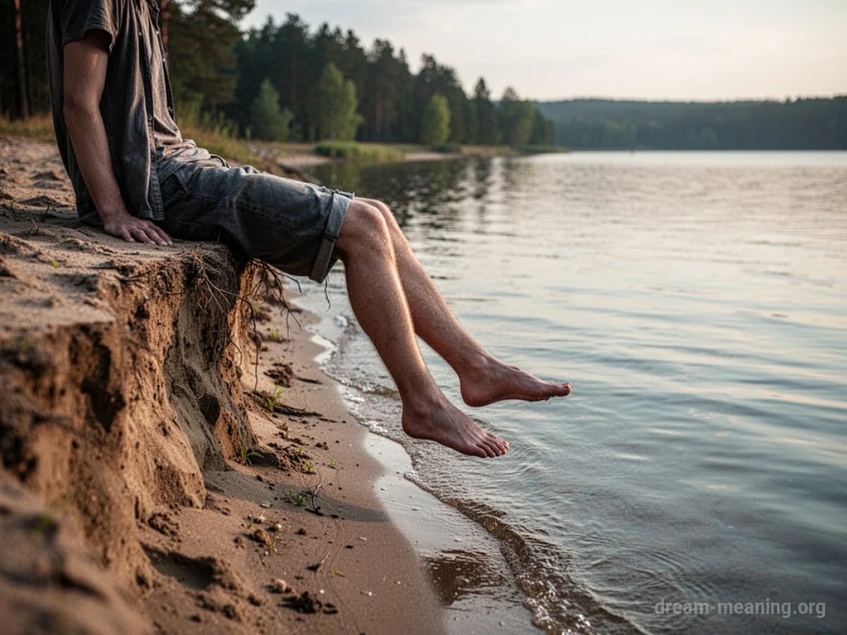 Legs dangling over the edge of a steep lake shore.