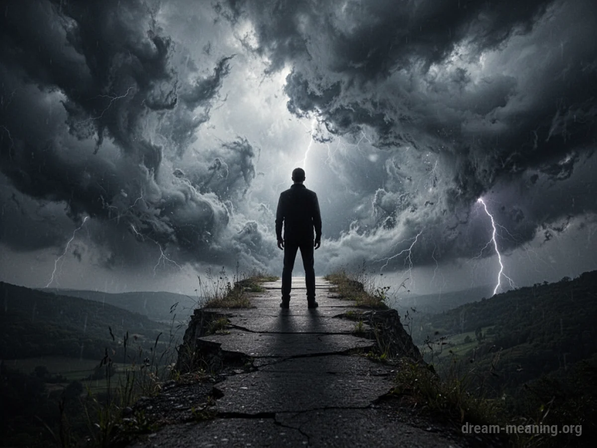 Silhouette of a person on a precarious path under a stormy sky.
