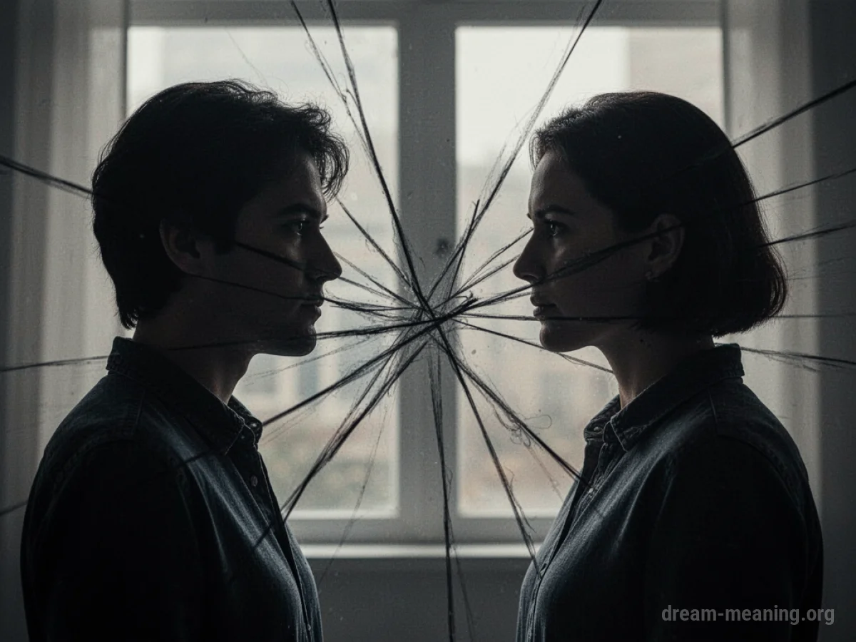 Silhouettes of two people facing each other with abstract lines of tension.