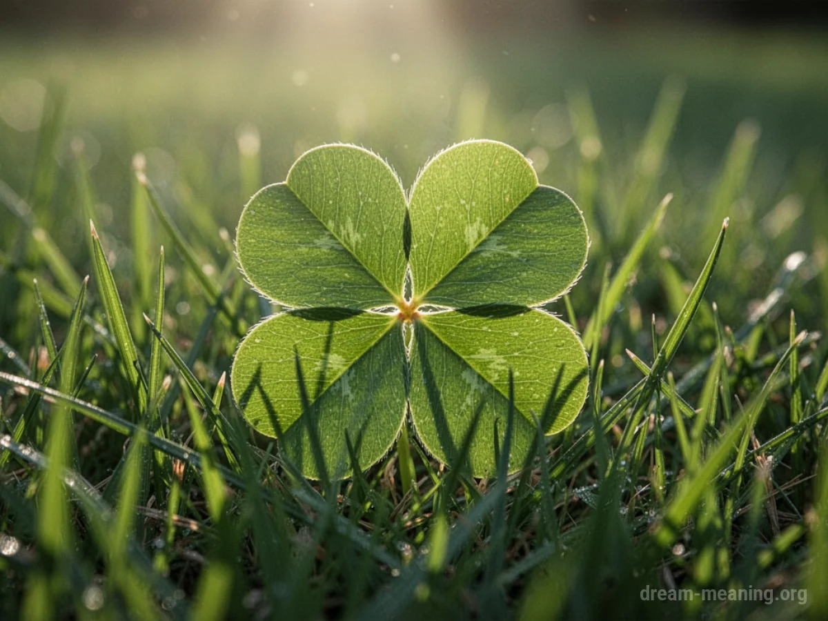 A four-leaf clover lying on a bed of green grass.